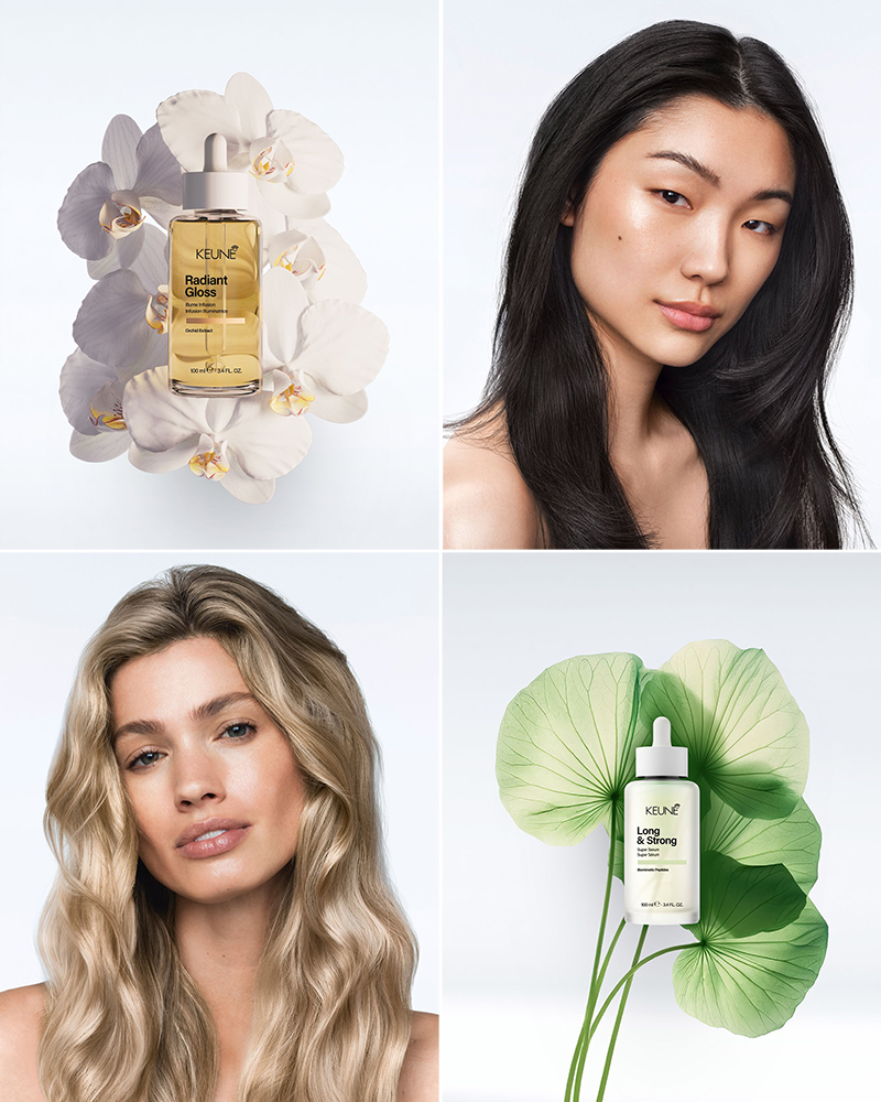 Collage aus Modelbildern und Produktbildern KEUNE Pflegeroutine für Haare und Kopfhaut