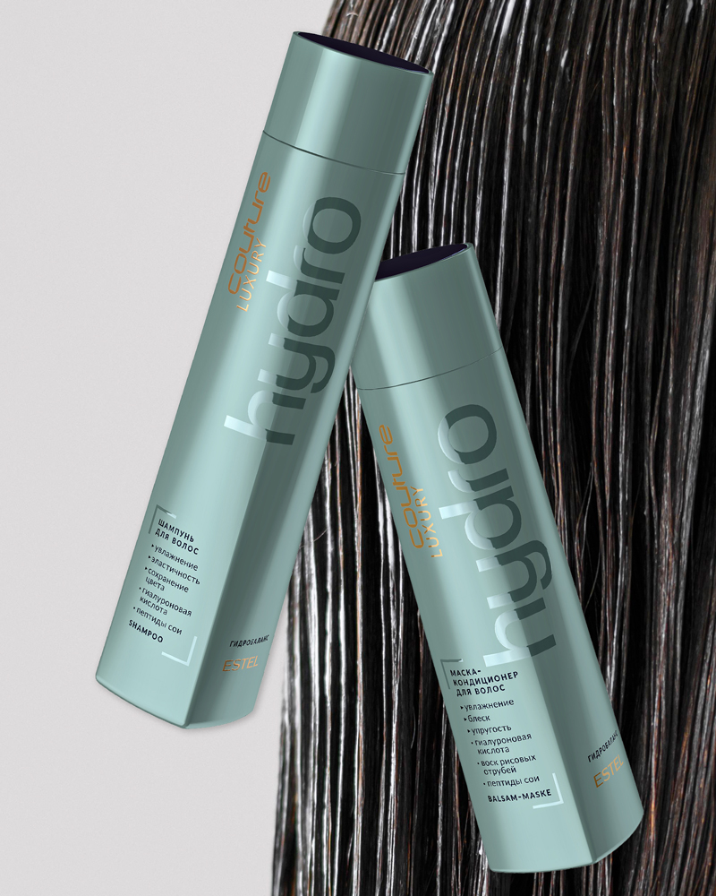 Produktshot des Shampoo & Pflegebalsams vor feuchtem Haar der Hydro Feuchtigkeitspflege für trockenes Haar von Estel