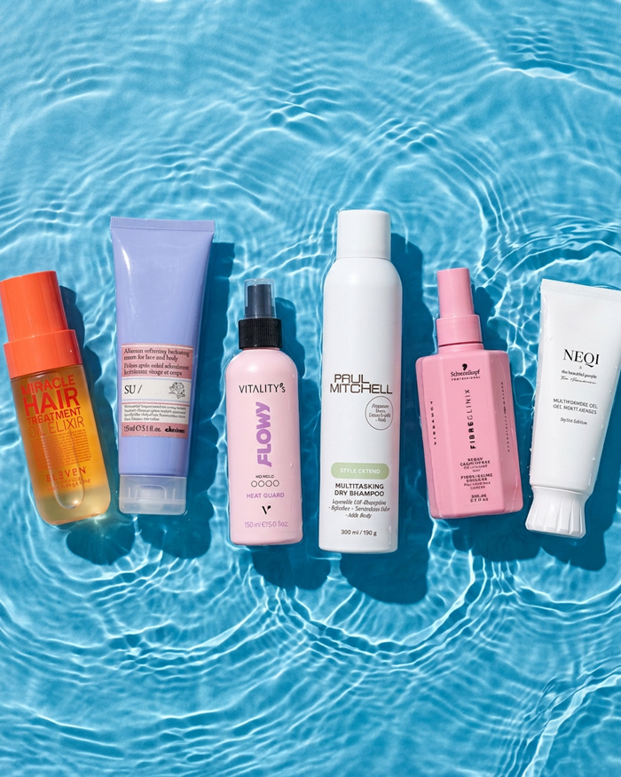 Friseur Produktneuheiten 2026. Verschiedenen Produkte schwimmen im Wasser
