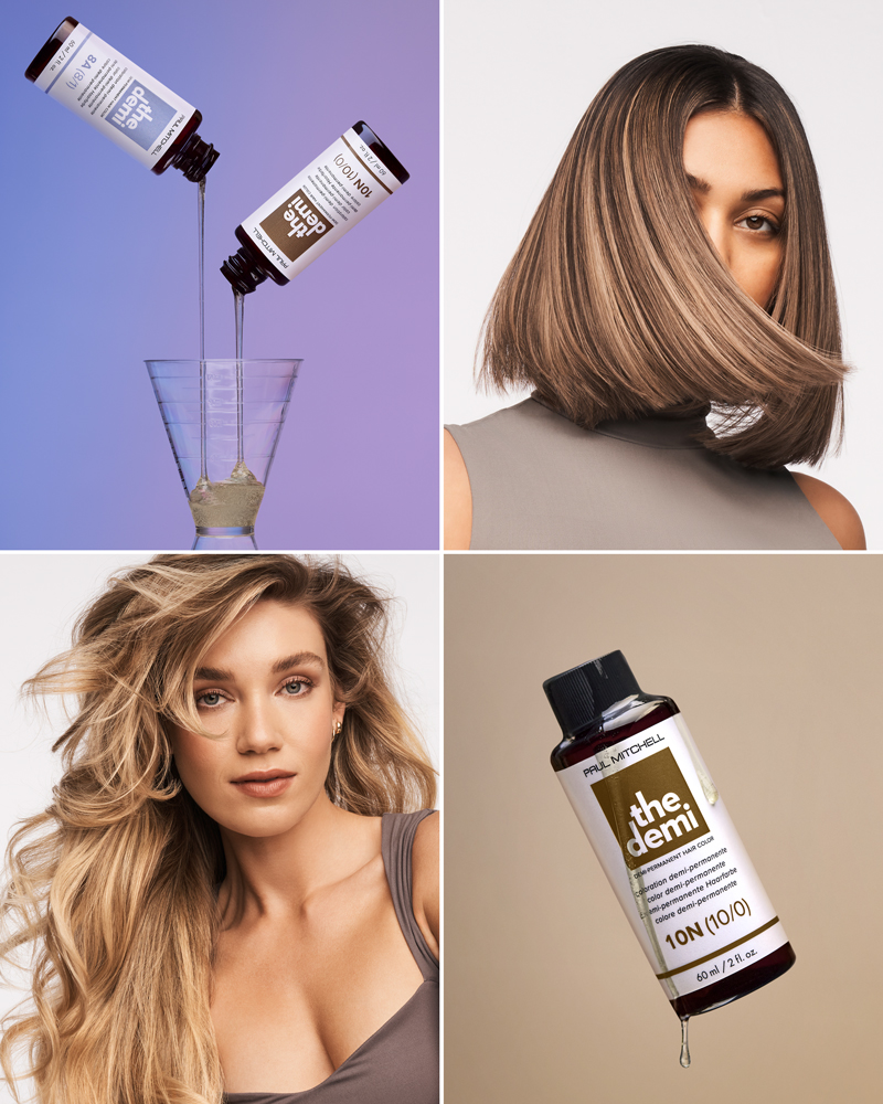 Collage aus Modelbildern und Produktbildern der Paul Mitchell The Demi Serie