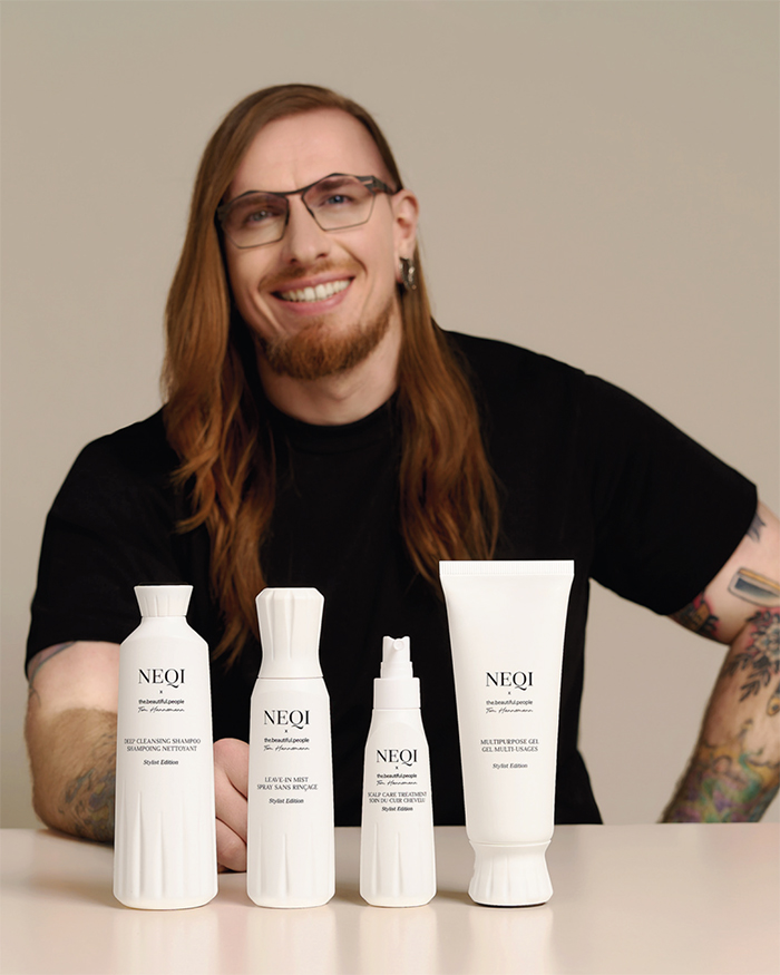 Kampagnenbild der Tom Hannemann Haarpflege Linie: Vier neue Produkte für Pflege, Kopfhaut und Styling – entwickelt mit NEQI.